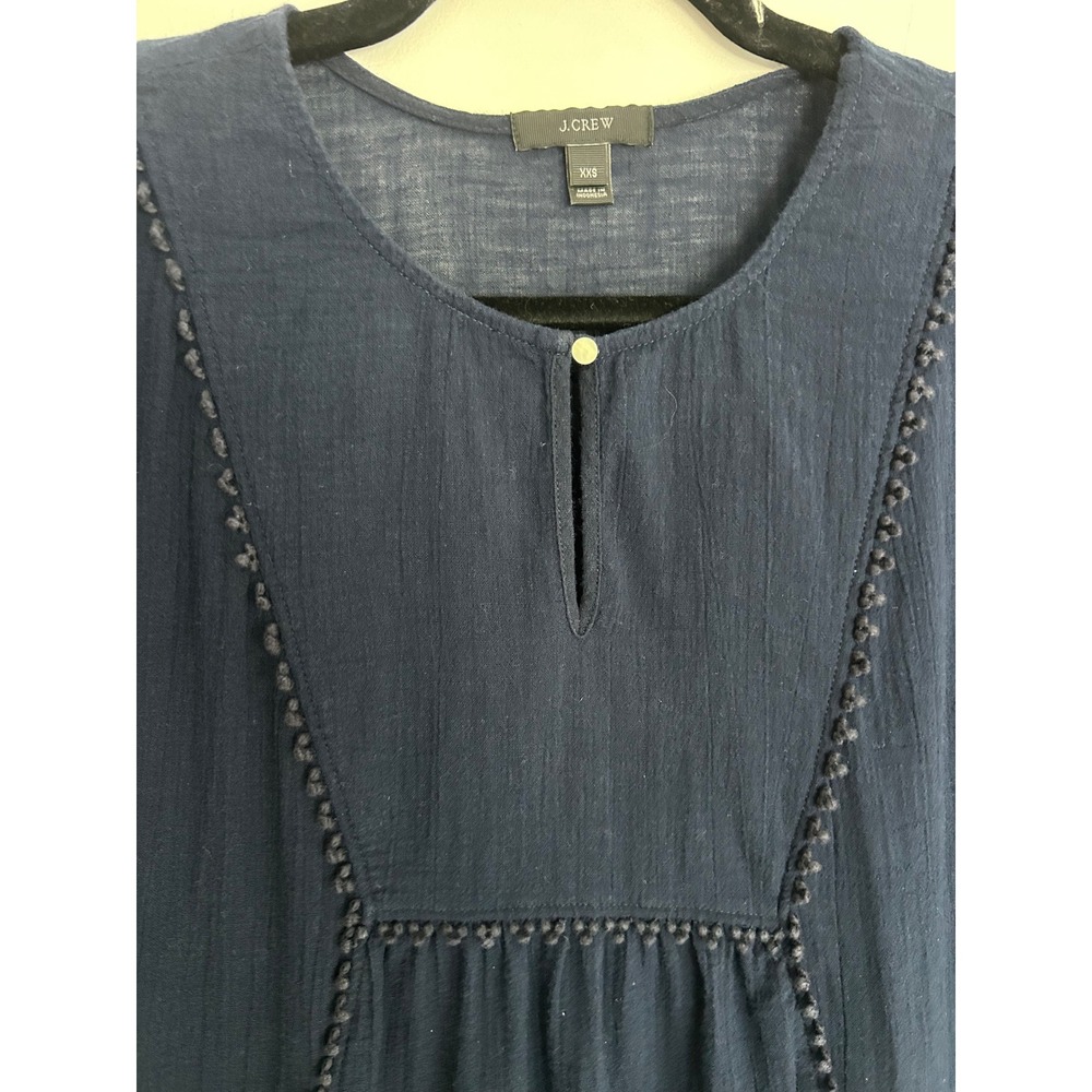 J.Crew Navy Blue Cotton Gauze Pom Pom Trim Keyhole Top XXS A2120